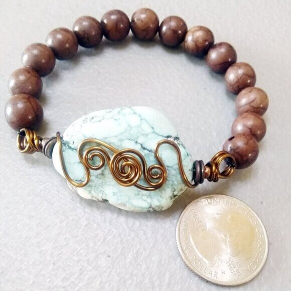 Gift Set: Beaded Bracelet & Earrings ~ Copper & Turquoise Howlite - Southwestern - Picture 3 of 13